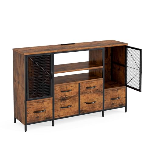 IKIFLY チェスト収納 タンス 棚付き リビングキャビネット 扉 箪笥リビング LEDライト テレビボード おしゃれ 収納ケース 引き出し 大容量 USBポート洋服タンス 布製 玄関キャビネット 収納ボックス 整理タンス 寝室収納 一人暮らし【幅120×奥行30×高さ75cm】ビンテージ