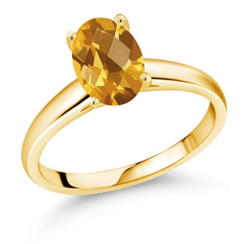 Gem Stone King 1.65 Cttw Oval Checkerboard Yellow Citrine Solitaire Engagement Ring for Women | 10K Yellow Gold | Oval 9X7MM | Wedding Engagement Anniversary Promise Ring For Women | Size 5