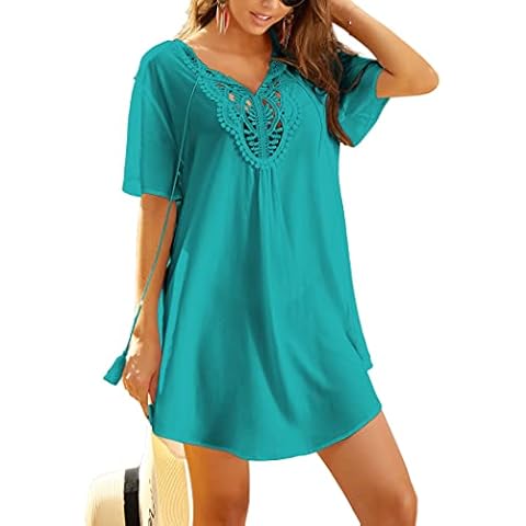 Ekouaer Women's Beach Cover Up Solid Color V-Neck Bikini Cover Up Lace Crochet Swimsuit Cover Up Blue XL Cover