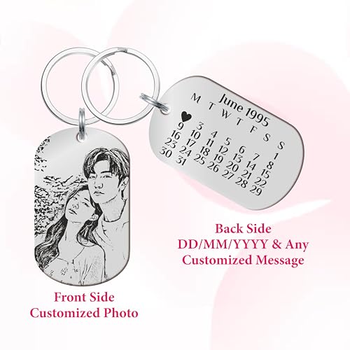 Image of Customized Photo Keychain & Date Engraved Calendar Keychain on Stainless Steel Best Gift For Couple, Bridesmaid, Women, Men And All To Your Loved Ones