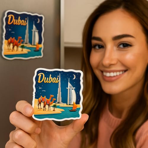 Image of Naxon Dubai Souvenir Wooden Fridge Magnet - 3x3 Inch Travel Collectible Refrigerator Magnet | Burj Khalifa, Palm Jumeirah, Desert Safari Design | Wooden Kitchen Decor & Gift | Pack of 1