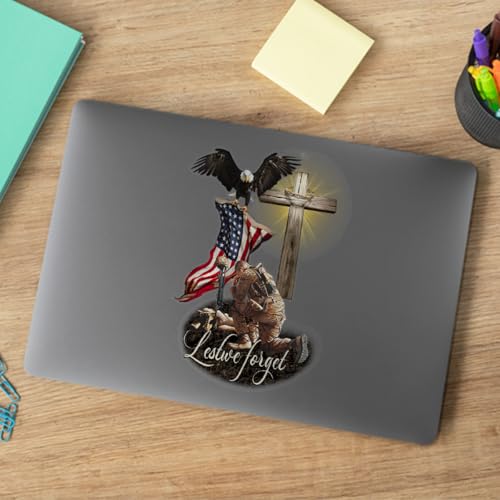 Image of Veteran American Flag with Eagle and Jesus Cross Lost We Forget Car Window Decals, Meaningful Gift for American Veterans, Transparent Car Vinyl Decal Sticker for Car Windows | 6 inch