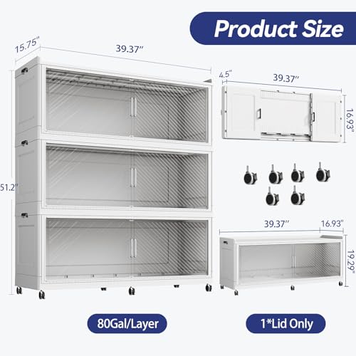 Image of 240 Gallon Extra Large Collapsible Storage Bin with Lid, 960QT Stackable Plastic Organizer with 6x Wheels, Foldable Drawer Cabinet for Closet, Living Room Office, Kitchen 3Pack, White