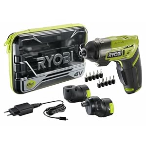 RYOBI 4 V Akku-Bohrschrauber ERGO-A2 (Drehmoment 5 Nm, 2x Winkelaufsätze, 10-tlg. Zubehör, inkl. 1x 1,5Ah Akku und Micro-USB-Ladekabel)