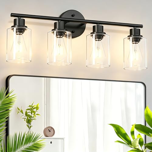Image of 4-Light Black Bathroom Light Fixtures, E26 Modern Vanity Lights for Bathroom with Clear Glass Shade, Wall Lamps for Mirror Hallway Kitchen Cabinet Living Room Sconces Lights