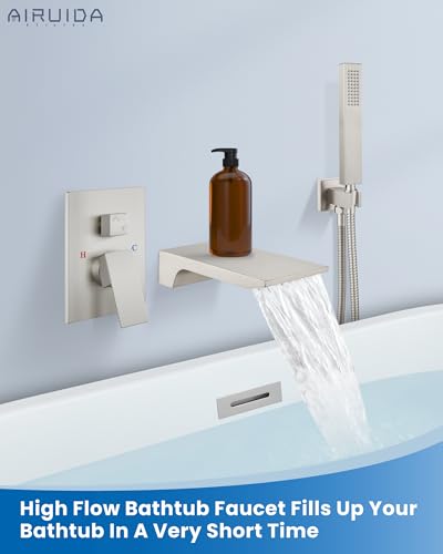Grifo para bañera Airuida con caño de cascada y ducha manual - Níquel cepillado, monomando, válvula de instalación incluida, montaje en pared miniatura 2