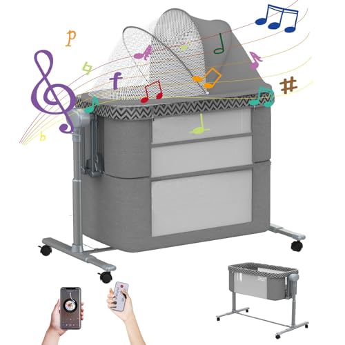 Image of Electric Rocking Bassinet for Baby, 4 and 1 Baby Bedside Bassinets with Remote Control, Automatic Portable Bassinets Bedside Sleeper for Newborn with 3-Speed Swings, Baby Crib in Bed with Wheels