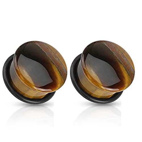 Pierced Owl Semi Precious Tiger Eye Domed Single Flare Plugs with O-Ring, Sold as a Pair (16mm (5/8"))