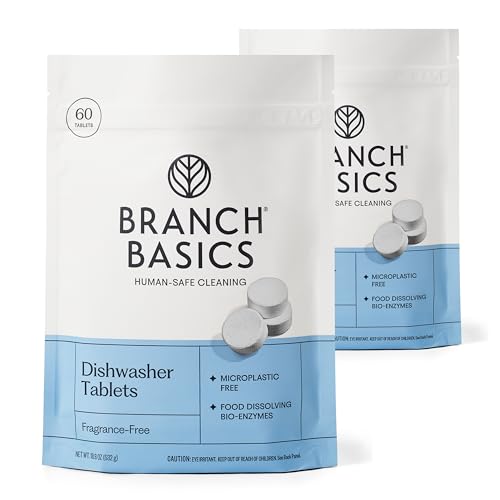 Branch Basics Dishwasher Tablets 120 Ct | Plastic-Free Fragrance-Free Human-Safe Dishwasher Pods Replacement | Delivers a Powerful Clean Without Harsh Chemicals (60 Count Pack of 2)