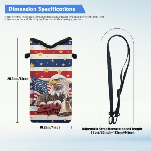 Image of Neoprene Phone Pouch with Detachable Crossbody Strap Independence Day Phone Bag Stars and Stripes Crossbody Bags for iPhone 17 /16 /15 Pro, American Flag Eagle 250 Years Print