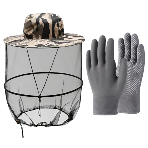 Imkerhut Moskitonetz Mit Handschuhen,Graue Tarnung Moskito Kopfnetz Hut Sonnenhut mit abnehmbarem Moskito Maske Hut Schnell Trocken Breite Krempe Sonnenschutz für Outdoor Camping Wandern Gartenarbeit