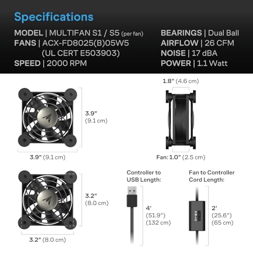 Image of AC Infinity MULTIFAN S5, Quiet Dual 80mm USB Fan, UL-Certified for Receiver DVR PlayStation Xbox Computer Cabinet Cooling (Pack of 4)
