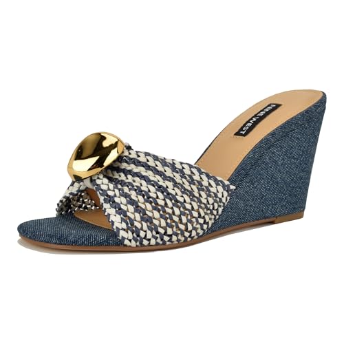 Nine West Women's Nessla Wedge Sandal, Cream/Denim 420, 8.5