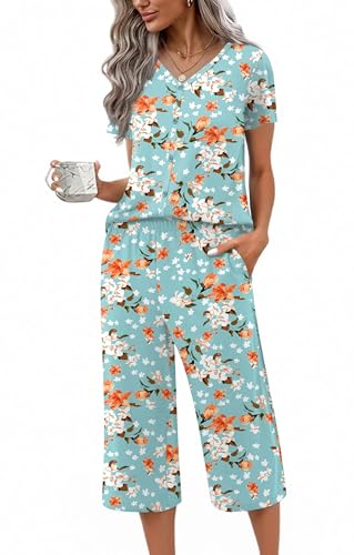 Image of Ekouaer Women's Pajama Sets Short Sleeve Sleepwear Button Up Pj Loungewear Top and Capri Pants with Pockets