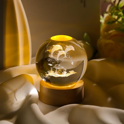 Arikyrist Crystal 3D Dolphins 2.36In Ball Figurine Gifts For Women, Glass Animal Art For Room With Wooden Light Base Keepsakes For Dolphin Lovers Home Decor Paperweight thumb #4