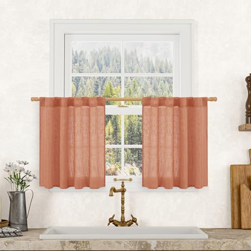 LAMIT Terracotta Semi Sheer Linen Curtains 24 Inch Long, Light Filtering Panels Back Tab and Rod Pocket Neutral Drapes for Cafe/Bathroom/Small Window, 2 Panels, 34 x 24 Inch