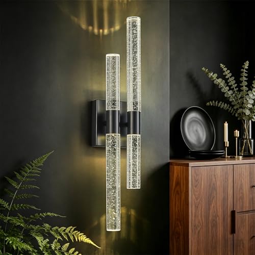 Image of Modern LED Vanity Light Bubble Crystal Sconces Wall Lighting Black Wall Sconces 21.25in 4000K Vertical and Horizontal Wall Mounted Sconces for Bedroom Living Room Hallway(1-Pack)