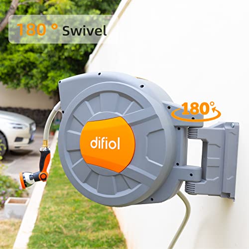 Difiol Retractable Garden Hose Reel Wall Mount, 1/2"×100Ft Automatic Garden Hose Reel With Cover, 10 Pattern Hose Nozzle, Optional Installation Mode/Auto Rewind/Any Length Lock/180° Swivel Bracket #TOP5