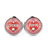 SCHMUCKZUCKER Damen Ohrringe Motiv Zuckerpuppe Herz Edelstahl Silber Rot Weiß Kariert Ohrstecker (12mm)