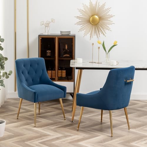 ダイニングチェア ベルベット 2個セット、ゴールドレッグサイドチェア バニティチェア ミッドセンチュリー ダイニングルームチェア モダンアクセントチェア リビングルーム、ダイニングルーム、キッチン用 (Navy) [2]