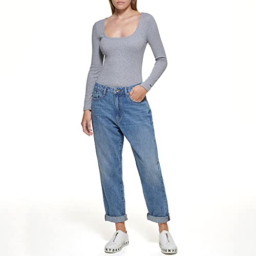 DKNY Blusa feminina de manga comprida elástica essencial, Cinza avenida, P