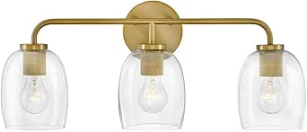 Lark Percy 85013LCB Three-Light Bath Vanity Fixture, Transitional Style, Bell-Shaped Clear Glass Shade, Mount Up or Down, Lacquered Brass