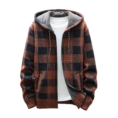 Modeewel Chaqueta de forro polar para hombre de invierno, ajuste relajado, chaqueta de peluche con cordón, chaqueta de invierno cálida, chaqueta de forro polar de punto a cuadros, cárdigan de punto de