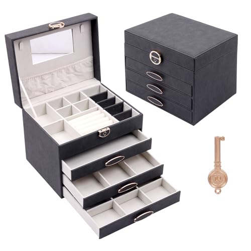 Image of BucketList Luxury PU Leather Jewellery Organizer Box with Mirror & Lock | 3 Drawer Jewelry Storage Case with Ring Rolls & Compartments (4 Drawers Jewelry Box with Mirror (Black))