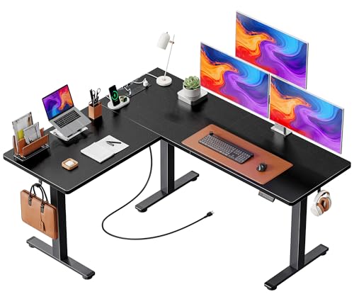 Huuger L Shaped Standing Desk with Power Outlets, 63 x 55 Inch Height Adjustable Computer Desk for Bedroom, Corner Stand up Desk for Home and Office, Work and Study, Black
