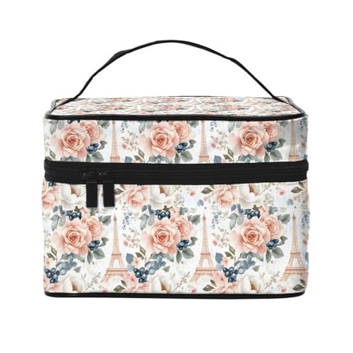 Flower Blueberry Eiffel Tower Print Makeup Bag Toiletry Bags, Cute Cosmetic Bags for Women, Large Travel Make Up Organizer Bag