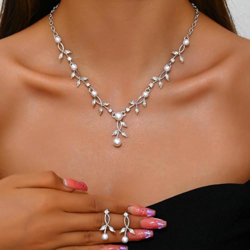 Unicra Gold Pearl Necklace Earrings Sets Rhinestone Bridal Wedding Jewelry Set Formal Prom Costume Jewelry Sets for Women and Brides3