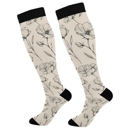 ALAZA Athletic Compression Socks Knee High Socks Stockings for Women Beige Floral Running Circulation Sport Football