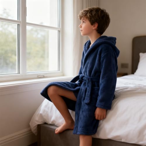 Image of Boys Girls Bathrobes,Toddler Boy Girl Robes,Children's Plush Soft Coral Fleece Hooded Pajamas Sleepwear for Kids