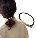 [Herbeluemily] ヘアゴム 黒 髪ゴム チャーム オシャレ 金具付き シンプル メタル モチーフ おしゃれ D ラインプレート ゴールド HM-0106-R07-D