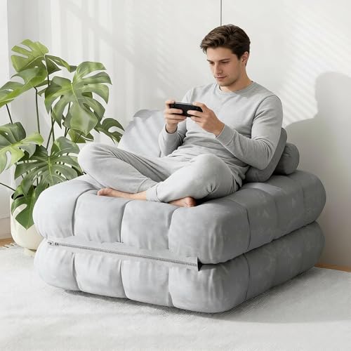 DSNAPE 3-in-1 Folding Sofa Bed, 90CM Convertible Sleeper Chair Bed with Pillow, Portable Fold Out Boneless Couch Lounge with Back Support, Comfy Velvet Floor Mattress for Living Room Bedroom - Grey