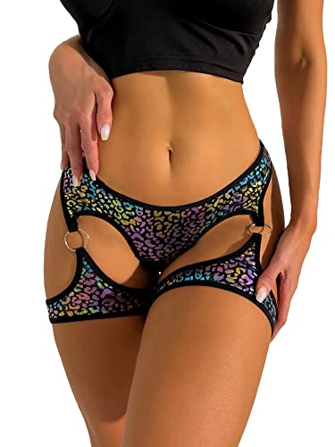 OYOANGLE Women's Leopard High Waist Garter Panty Cut Out Boyshorts Bottom Underwear