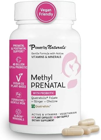 Power By Naturals Methyl Prenatal with Probiotics – Prenatal Vitamins for Women with Iron, Methyl Folate, Ginger, Active B12 & 27+ Essential Nutrients, Pregnancy Supplements, 60 Vegan Capsules