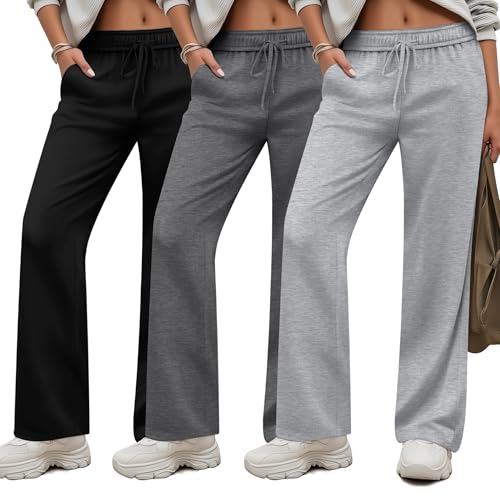 3 Pack Women's Wide Leg Sweatpants Interior Drawstring Baggy Sweatpant High Waisted Casual Jogger Pant with Pocket
