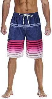 Nonwe Men's Swimming Trunks Quick Dry Striped Water Sport Boardshorts Drawsting Rose 34
