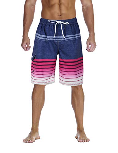 Nonwe Men's Swimming Trunks Quick Dry Striped Water Sport Boardshorts Drawsting Rose 34