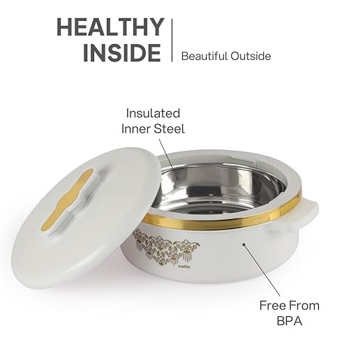 Image of CELLO Exotic 1000 Casserole Hot Pot Case for Daily Use 1000 ml, White | Double Wall PU Insulated Serving Hot & Warm Food Hot Pot Box | Stylish Airtight Kitchen Casserole Set for Roti Rice Biryani