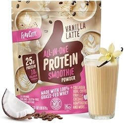 FlavCity All in One Protein Shake Powder, Vanilla Latte - 60mg Caffeine + Collagen Peptides, Reishi & Cordyceps - Focus, Skin, Hair & Joint Support - 100% Grass Fed Whey, 20 Servings