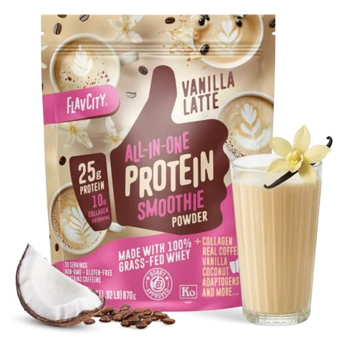 FlavCity All in One Protein Shake Powder, Vanilla Latte - 60mg Caffeine + Collagen Peptides, Reishi & Cordyceps - Focus, Skin, Hair & Joint Support - 100% Grass Fed Whey, 20 Servings