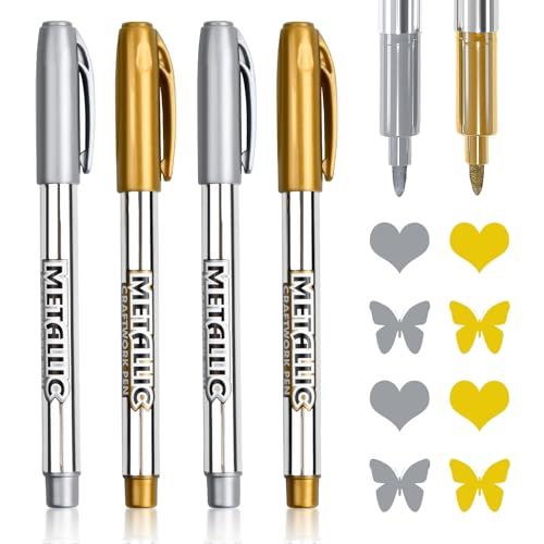 Marcador Acrílico de Trazo Fino, Rotuladores Acrílicos de Pintura Acrílica Bolígrafos Marcador Metálico Permanentes Metálicos Rotuladores de Dorado Plateado Marcadores para Metal (4Pcs Oro & Plata)