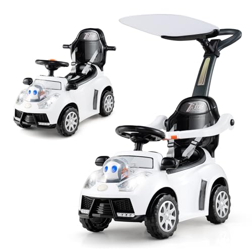 COSTWAY 3 in 1 Auto a Spinta, Macchinina da Passeggio con Clacson, Musica, Luci, Cintura di Sicurezza, Tettuccio e Manico, Macchina Cavalcabile per Bambini 1+ Anni (Bianco)