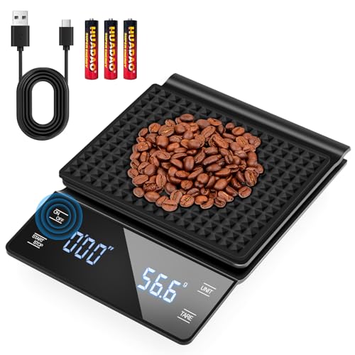 Kaffeewaage mit Timer Wiederaufladbare Espresso Waage 0 1g/3kg Hohe Präzise Digital Kaffee Waage Küchenwaage Wasserdicht Coffee Scale Espressowaage mit großer LED-Anzeige USB-C/Batterie Schwarz