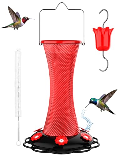 AOFUXTI Hanging 20oz Glass Hummingbird Feeder with Moat, Small Outdoor Plastic Bird Feeder, Squirrel Proof, Ants, Outside Water Dispenser for Garden (Red Glass Birdfeeder)