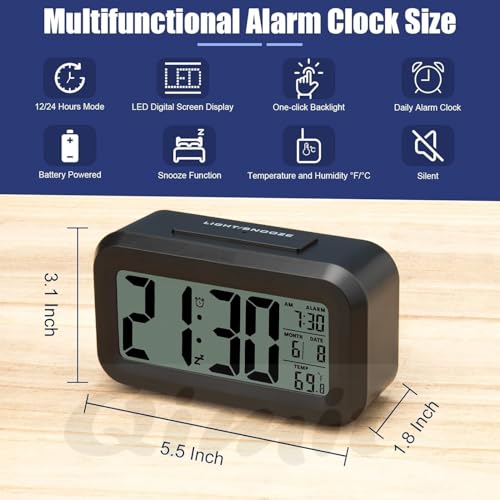 Image of Reacher Black Digital Alarm Clock Table Clock for Students, Home, Office, Corporate with Automatic Sensor, Date & Temperature