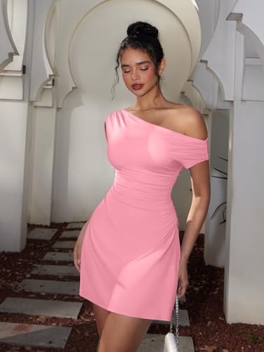 Image of LAGSHIAN Womens Off Shoulder Sleeveless Ruched Flare Mini Dress | Sexy,Summer,Slim Fit,Stretch,Trendy,Double Layer,A-line,Cocktail Party,Club,Night Out,Date,Asymmetrical Shoulder