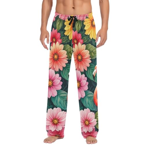 Men's Pajama Pants Tropical Floral Flamingo Sleep Pajama Lounge Pant with Pockets, Elastic Waistband